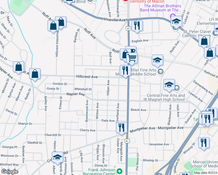 map of restaurants, bars, coffee shops, grocery stores, and more near 2702 Cherokee Avenue in Macon