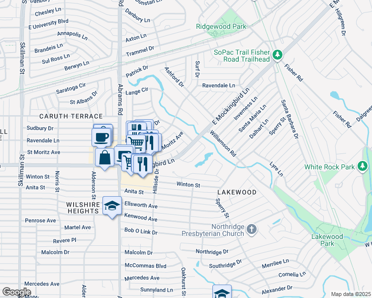 map of restaurants, bars, coffee shops, grocery stores, and more near 4205 Briar Creek Lane in Dallas