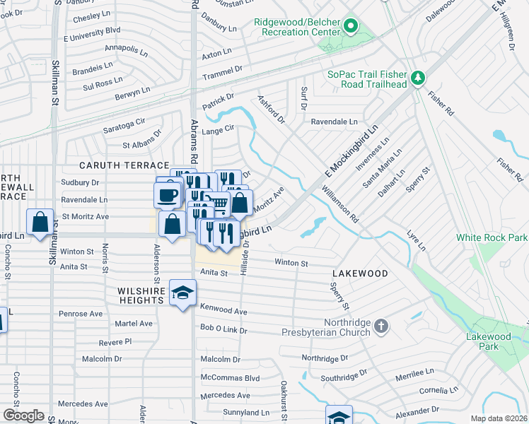 map of restaurants, bars, coffee shops, grocery stores, and more near 6532 Saint Moritz Avenue in Dallas