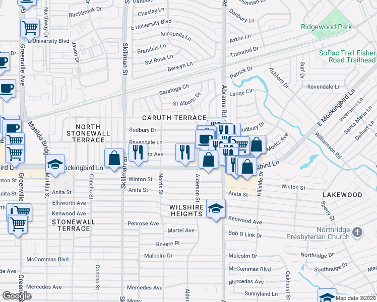 map of restaurants, bars, coffee shops, grocery stores, and more near 6254 Ravendale Lane in Dallas