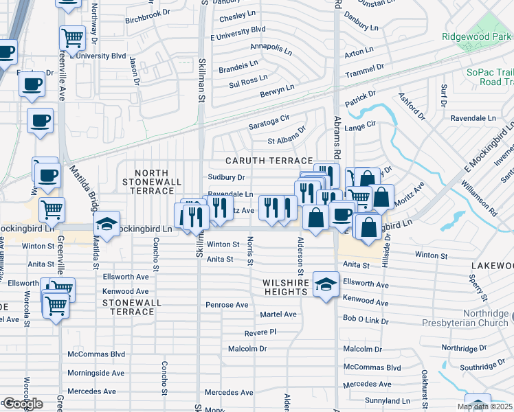 map of restaurants, bars, coffee shops, grocery stores, and more near 6216 Ravendale Lane in Dallas