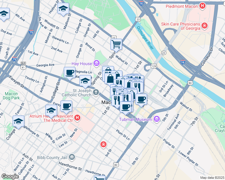 map of restaurants, bars, coffee shops, grocery stores, and more near 700-768 Mulberry Street Lane in Macon