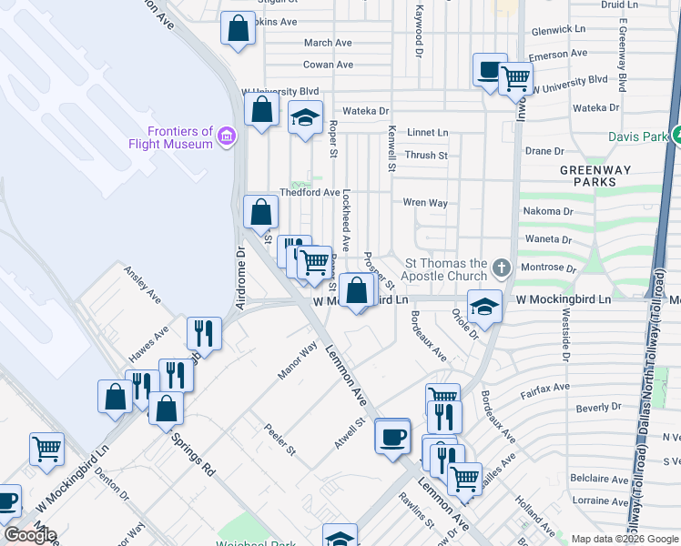 map of restaurants, bars, coffee shops, grocery stores, and more near 6546 Lockheed Avenue in Dallas