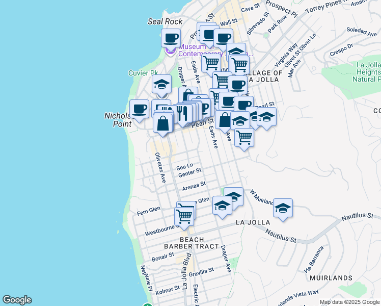 map of restaurants, bars, coffee shops, grocery stores, and more near 601 Marine Street in San Diego