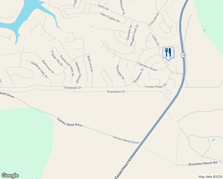map of restaurants, bars, coffee shops, grocery stores, and more near 505 Spyglass Drive in Graford