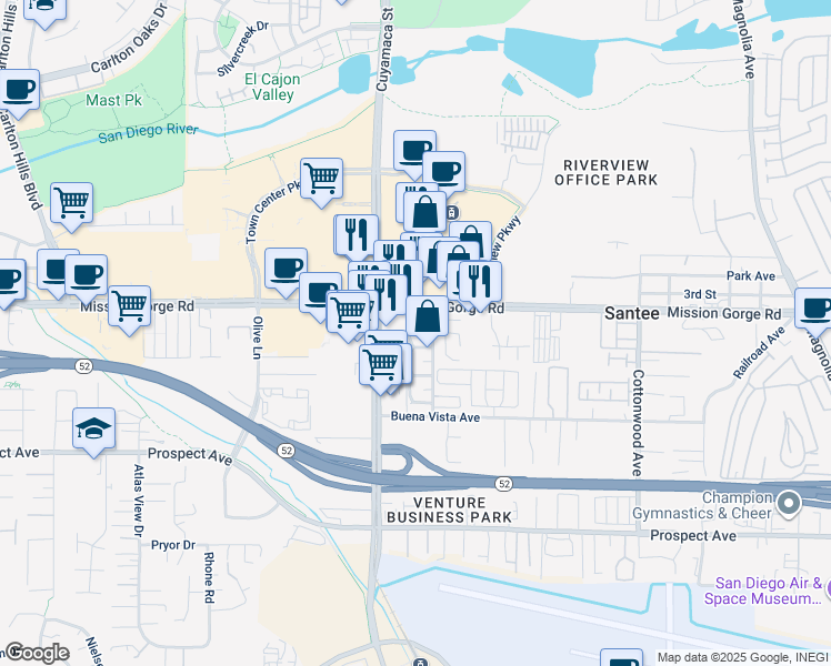 map of restaurants, bars, coffee shops, grocery stores, and more near 9838 Mission Vega Road in Santee