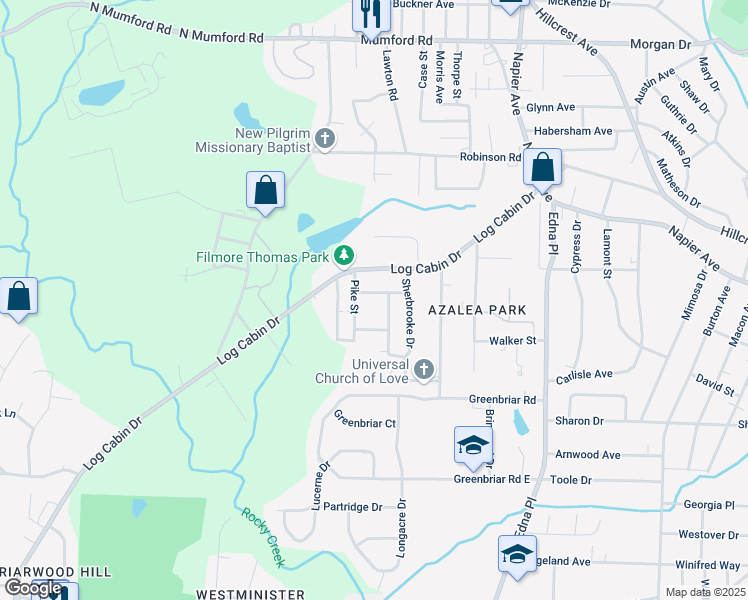 map of restaurants, bars, coffee shops, grocery stores, and more near 1225 Westmount Road in Macon