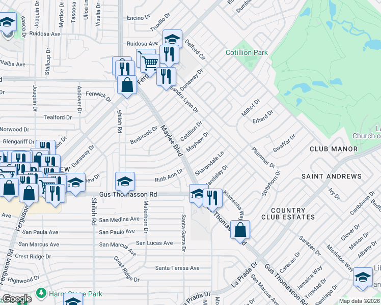 map of restaurants, bars, coffee shops, grocery stores, and more near 3316 Mayhew Drive in Dallas