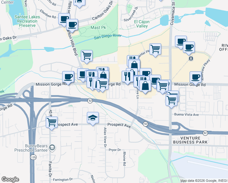 map of restaurants, bars, coffee shops, grocery stores, and more near 9525 Mission Gorge Road in Santee