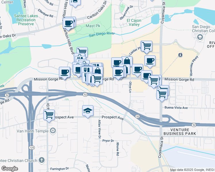 map of restaurants, bars, coffee shops, grocery stores, and more near 9459 Mission Gorge Road in Santee