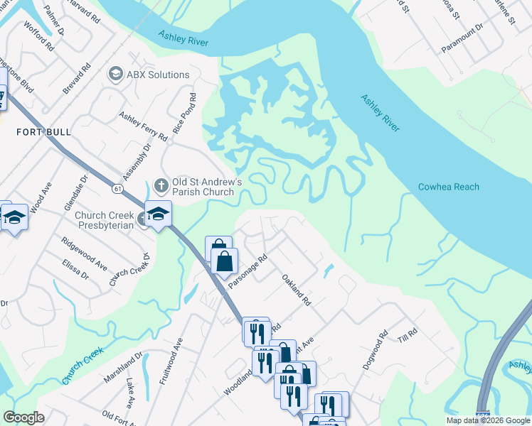 map of restaurants, bars, coffee shops, grocery stores, and more near 2245 Parsonage Road in Charleston