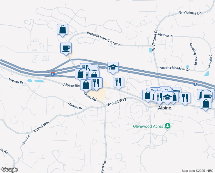 map of restaurants, bars, coffee shops, grocery stores, and more near 1830 Alpine Boulevard in Alpine