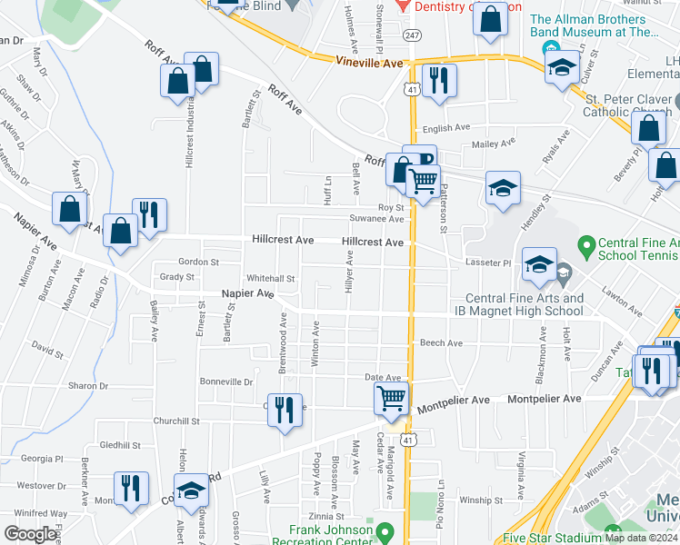 map of restaurants, bars, coffee shops, grocery stores, and more near 2710 Cherokee Avenue in Macon
