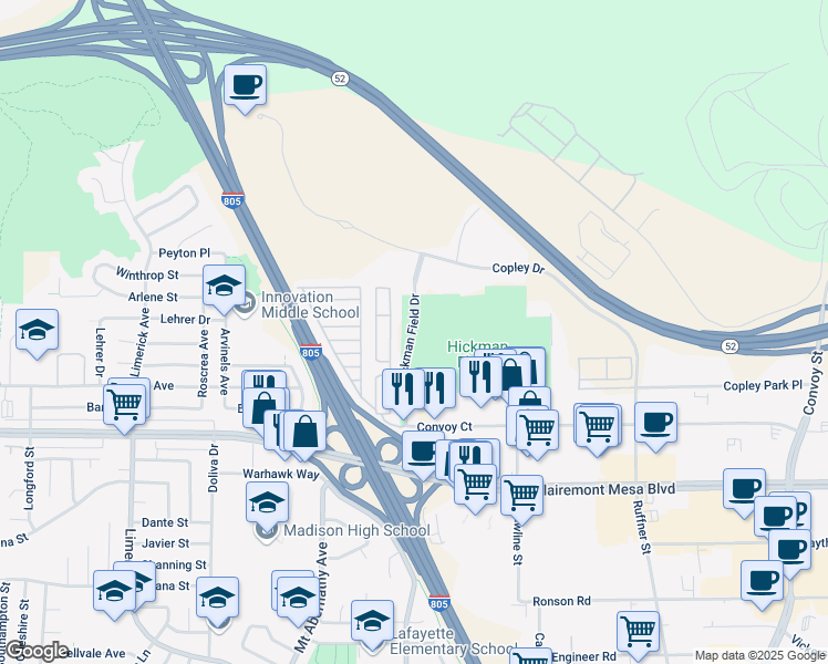 map of restaurants, bars, coffee shops, grocery stores, and more near Hickman Field Drive in San Diego