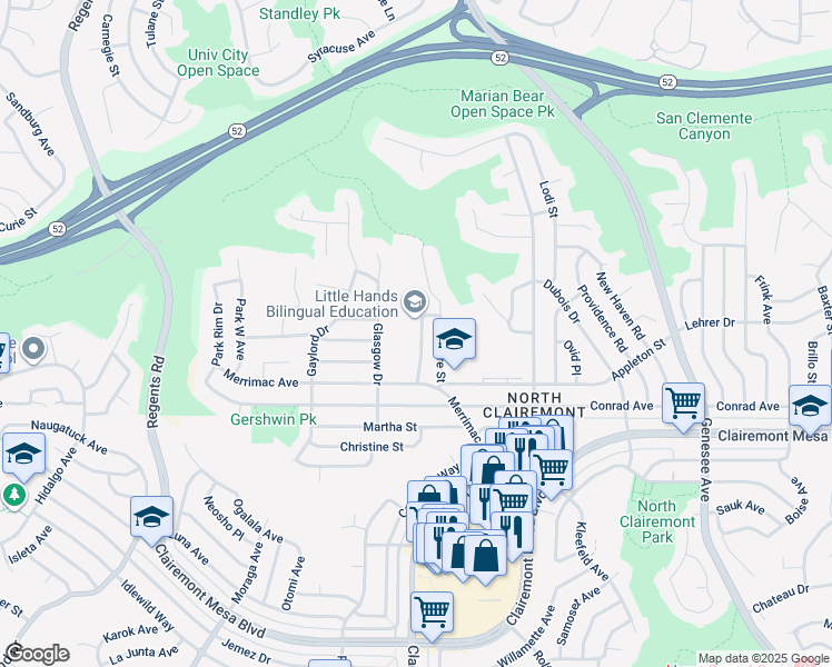 map of restaurants, bars, coffee shops, grocery stores, and more near 5052 Capehart Street in San Diego