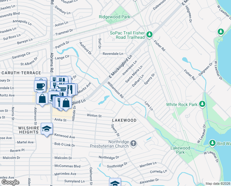 map of restaurants, bars, coffee shops, grocery stores, and more near 6702 Williamson Road in Dallas