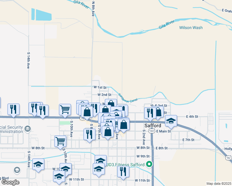 map of restaurants, bars, coffee shops, grocery stores, and more near 502 West 2nd Street in Safford