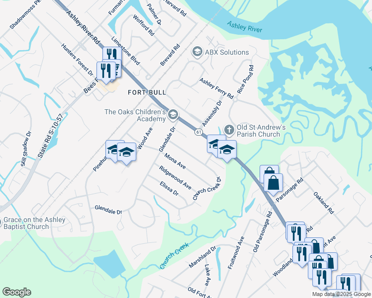 map of restaurants, bars, coffee shops, grocery stores, and more near 2632 Church Creek Drive in Charleston