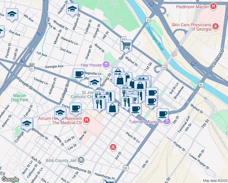 map of restaurants, bars, coffee shops, grocery stores, and more near 449 New Street in Macon