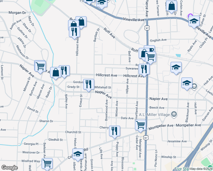map of restaurants, bars, coffee shops, grocery stores, and more near 992 Inverness Avenue in Macon