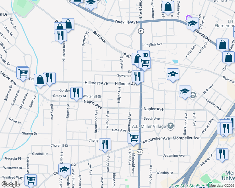 map of restaurants, bars, coffee shops, grocery stores, and more near 2702 Cherokee Avenue in Macon
