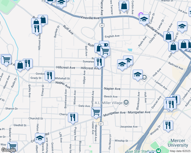 map of restaurants, bars, coffee shops, grocery stores, and more near 2655 Cherokee Avenue in Macon