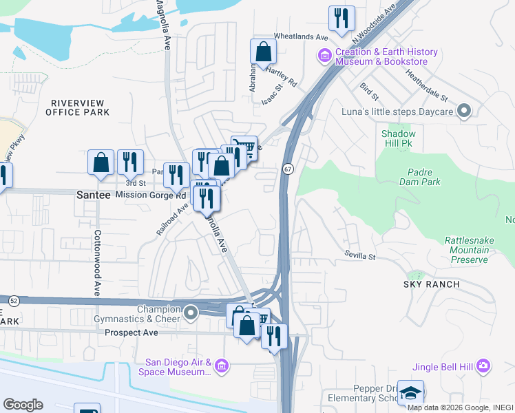 map of restaurants, bars, coffee shops, grocery stores, and more near 10756 Rockvill Street in Santee