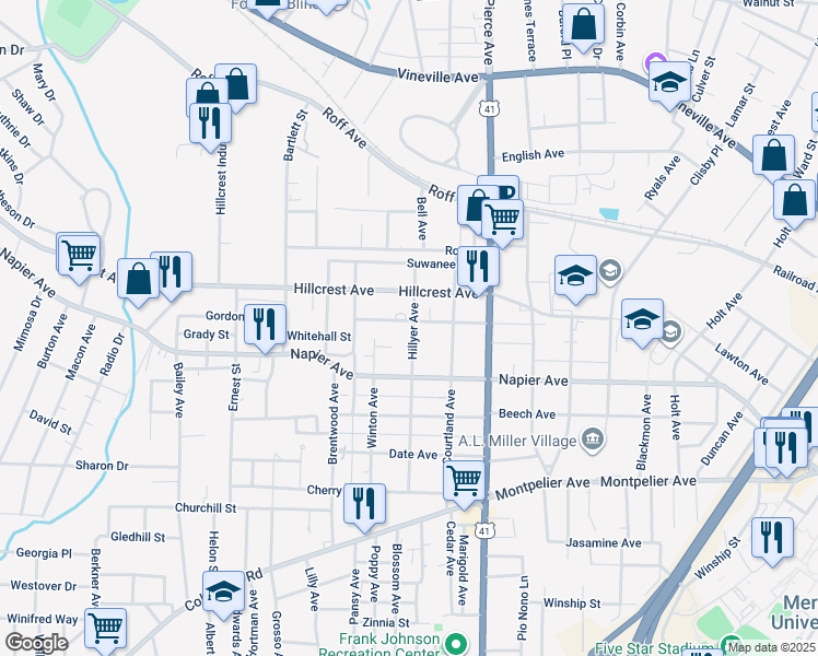 map of restaurants, bars, coffee shops, grocery stores, and more near 2702 Cherokee Avenue in Macon