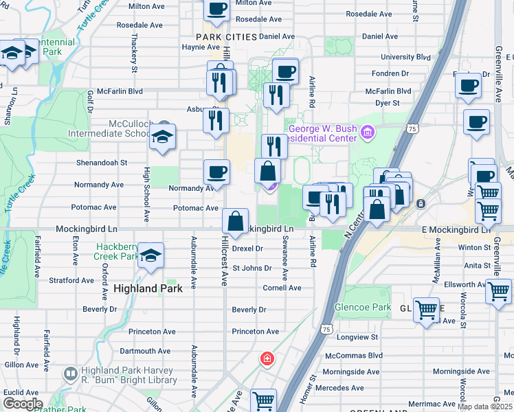 map of restaurants, bars, coffee shops, grocery stores, and more near 5903 Bishop Boulevard in Dallas