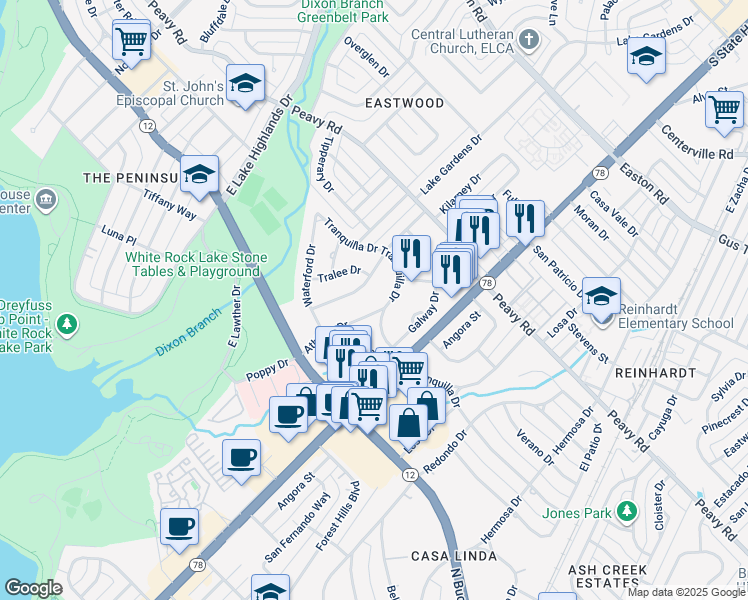 map of restaurants, bars, coffee shops, grocery stores, and more near in Dallas
