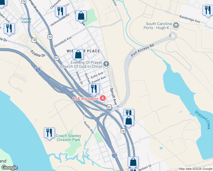 map of restaurants, bars, coffee shops, grocery stores, and more near 2309 Spruill Avenue in North Charleston