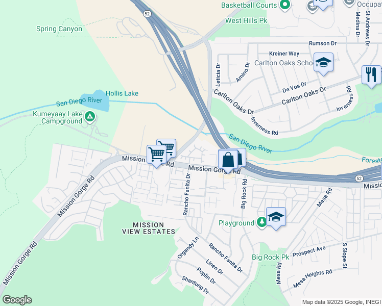 map of restaurants, bars, coffee shops, grocery stores, and more near Via Sovana in Santee