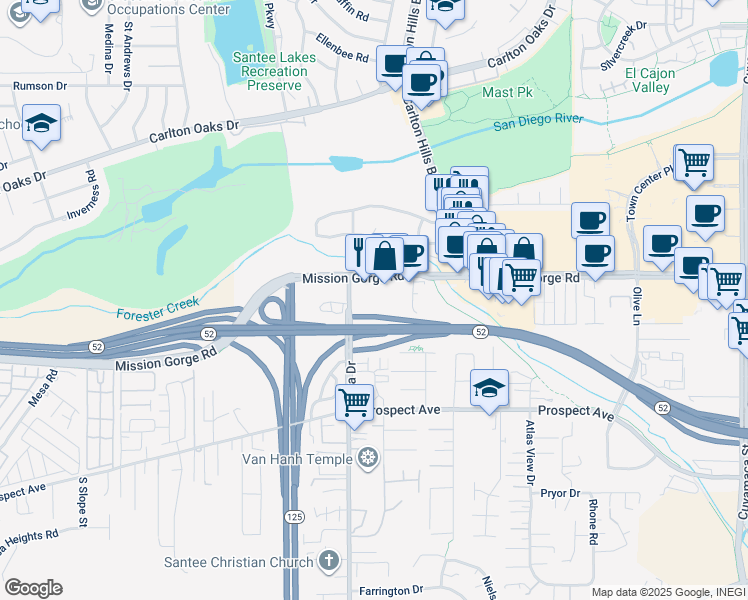 map of restaurants, bars, coffee shops, grocery stores, and more near 8871 Fanita Drive in Santee