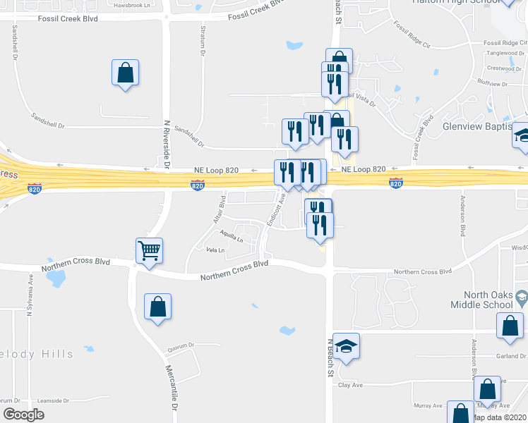 map of restaurants, bars, coffee shops, grocery stores, and more near 5201 Endicott Avenue in Fort Worth