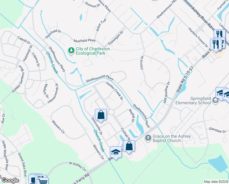 map of restaurants, bars, coffee shops, grocery stores, and more near 2219 Shawn Drive in Charleston