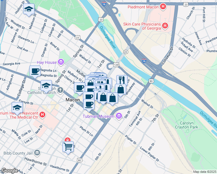 map of restaurants, bars, coffee shops, grocery stores, and more near 563 Mulberry Street in Macon