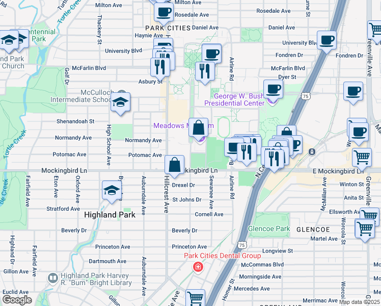 map of restaurants, bars, coffee shops, grocery stores, and more near 5903 Bishop Boulevard in Dallas