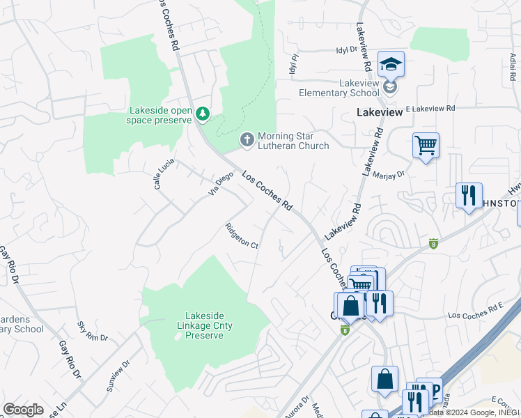 map of restaurants, bars, coffee shops, grocery stores, and more near 8898 Burkshire Place in Lakeside