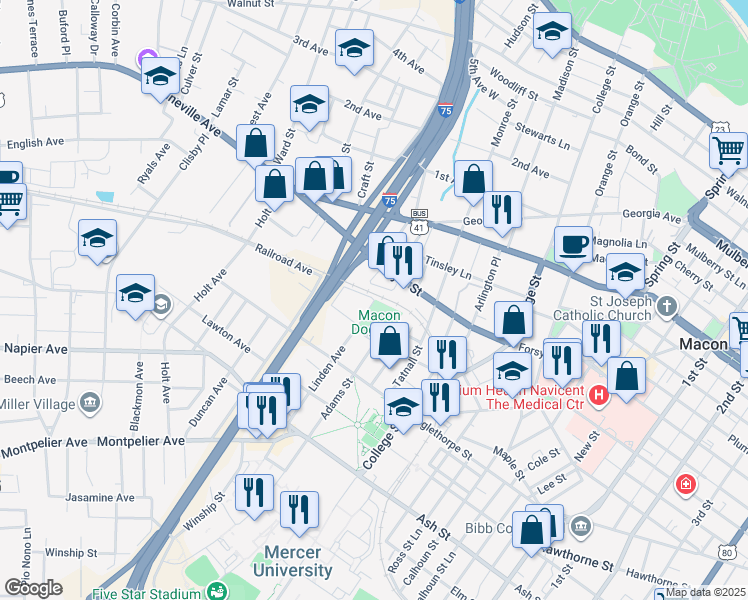 map of restaurants, bars, coffee shops, grocery stores, and more near 1601 Railroad Avenue in Macon