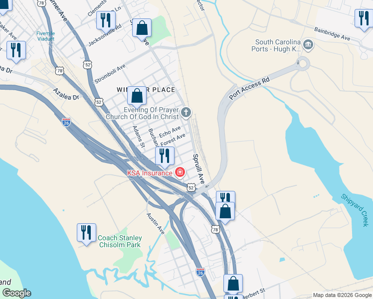 map of restaurants, bars, coffee shops, grocery stores, and more near 2309 Spruill Avenue in North Charleston