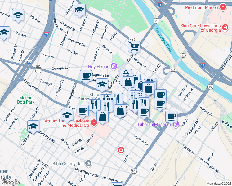 map of restaurants, bars, coffee shops, grocery stores, and more near 859 Washington Avenue in Macon