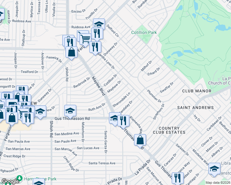 map of restaurants, bars, coffee shops, grocery stores, and more near 10845 Ruth Ann Drive in Dallas