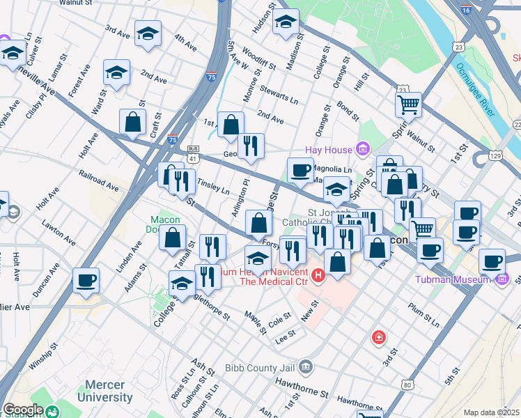 map of restaurants, bars, coffee shops, grocery stores, and more near 607 College Street in Macon