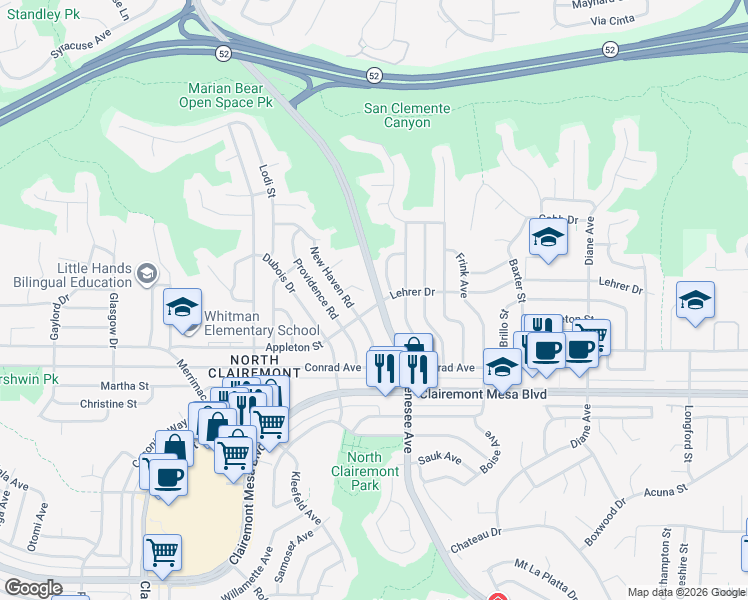 map of restaurants, bars, coffee shops, grocery stores, and more near 4490 Appleton Street in San Diego