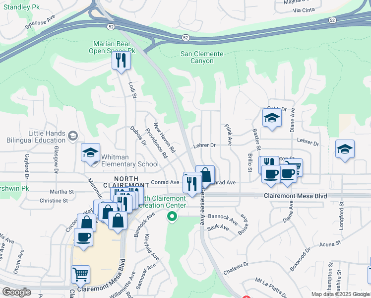 map of restaurants, bars, coffee shops, grocery stores, and more near 4490 Appleton Street in San Diego