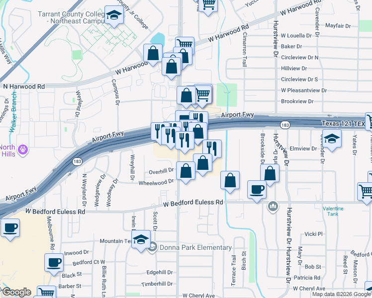 map of restaurants, bars, coffee shops, grocery stores, and more near 1440 Precinct Line Road in Hurst