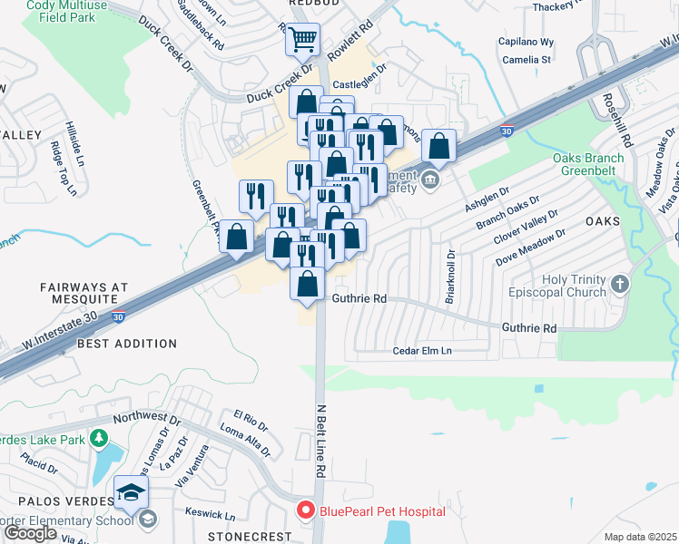 map of restaurants, bars, coffee shops, grocery stores, and more near 6296 Broadway Boulevard in Garland