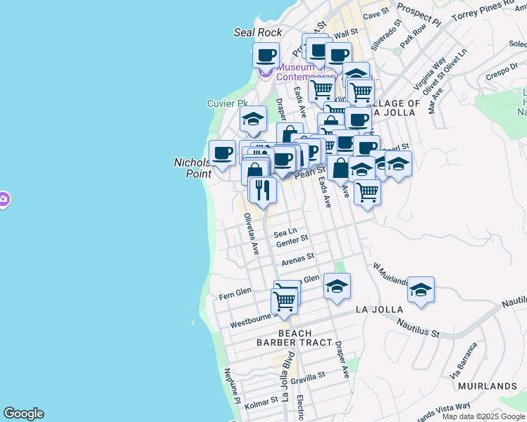 map of restaurants, bars, coffee shops, grocery stores, and more near 7440 La Jolla Boulevard in San Diego
