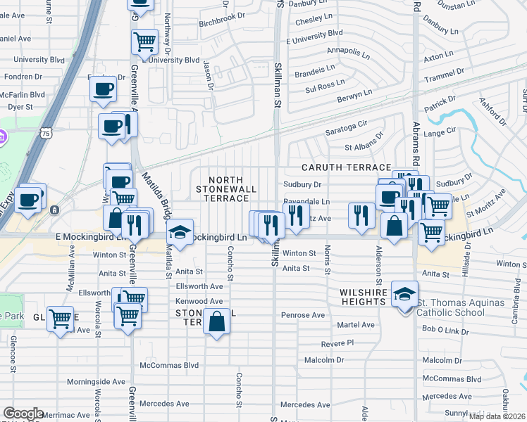 map of restaurants, bars, coffee shops, grocery stores, and more near 4242 Somerville Avenue in Dallas