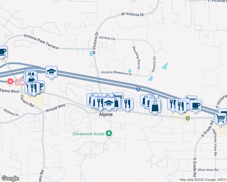 map of restaurants, bars, coffee shops, grocery stores, and more near 1242 Marshall Road in Alpine
